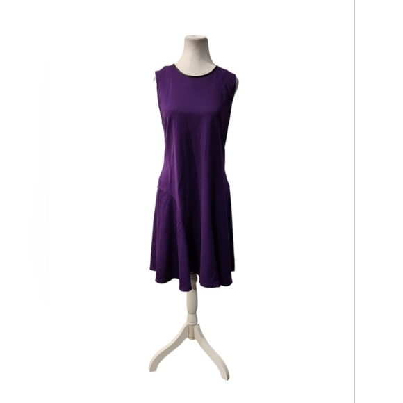 Ralph Lauren Purple Midi Sleeveless Dress with leather Trim at Neckline - Picture 2 of 5